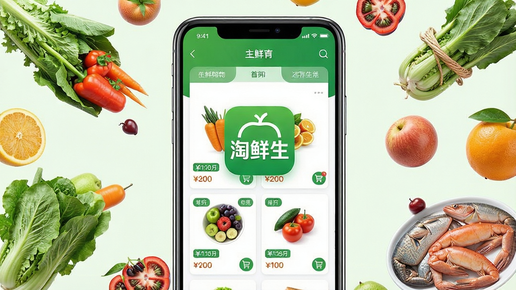 一张手机屏幕展示生鲜购物应用界面,画面中央是“淘鲜生”应用图标与首页商品列表,周围环绕新鲜蔬菜、水果、海鲜等食材,布局为居中手机主视觉加四周漂浮食材点缀,风格为清新明亮的电商海报风,细节包括绿色主色调、商品卡片、价格标签、购物车图标,画质清晰干净无多余元素