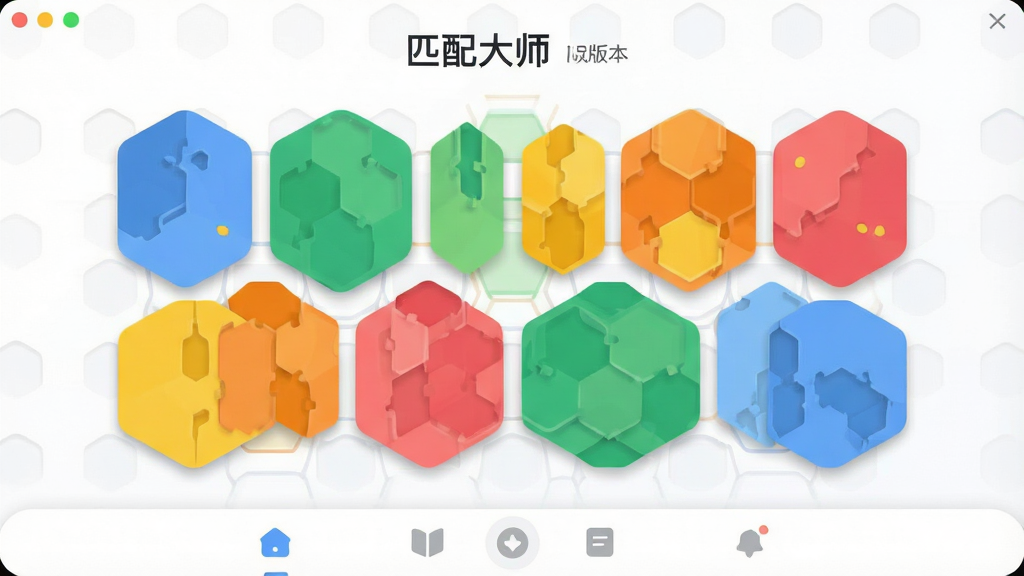 软件名称“匹配大师”主界面展示,主体为居中排布的彩色配对卡片矩阵,布局采用上下分层结构,顶部为软件名称“匹配大师”与版本标识,中部为六边形蜂窝状卡片排列,底部为功能导航栏,风格为扁平化现代休闲风,细节包含柔和投影与圆角卡片边缘,画质清晰明亮,画面干净无多余装饰元素