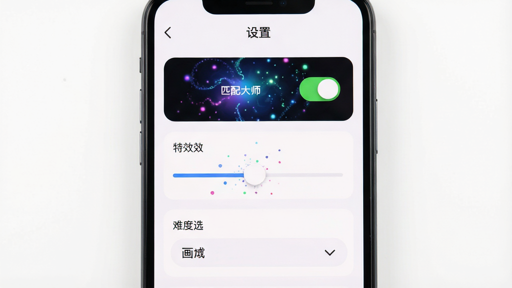 手机屏幕显示“匹配大师”设置界面,主体为各项参数开关与滑块控件,布局为纵向列表式排布,排版顶部为“设置”标题栏,风格为简洁明快的卡片式UI,细节包含动态背景开关、粒子特效滑块与难度选择下拉菜单,画质清晰,画面干净背景为纯白色