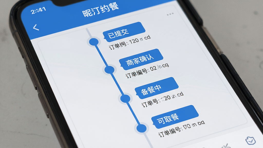 名为“昵汀约餐”的应用订单跟踪界面,主体为手机屏幕特写,屏幕内展示订单进度时间轴,节点包含“已提交”“商家确认”“备餐中”“可取餐”文字标签,配色为蓝色与浅灰搭配,布局纵向排列清晰,风格商务简洁,细节包含订单编号与预计时间,画质清晰无杂乱元素