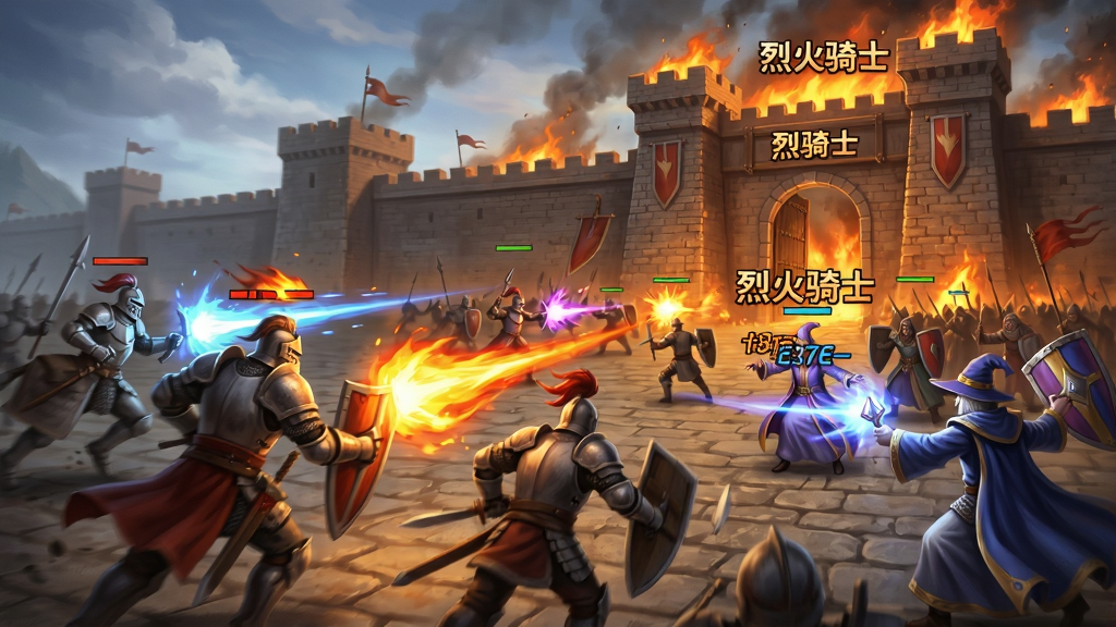 主体为沙城攻城战场面,多名骑士与法师角色在城墙下释放技能;布局为广角战场全景,前景为冲杀的角色,背景为燃烧的城门;排版突出战斗层次感;风格为热血传奇游戏宣传画;细节包括火焰技能特效、伤害数字飘字、城墙砖石纹理;画质高清、干净、无多余元素,画面中文字为“烈火骑士”。