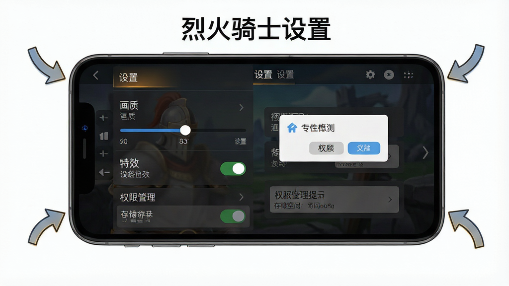 主体为手机屏幕显示游戏设置界面,包含画质调节滑块、特效开关与权限管理选项;布局为界面截图居中,四周有简洁的引导箭头标注;排版清晰,突出关键设置项;风格为数码教程类插图;细节包括设置菜单、权限弹窗、存储空间提示;画质清晰、干净、无多余元素,画面中文字为“烈火骑士设置”。