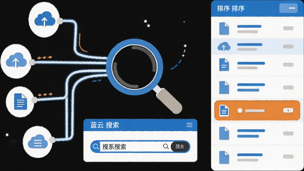 一张信息图风格的插画,画面左侧是多个数据源图标通过线条汇聚到中央的放大镜上,放大镜下方显示蓝云搜索的搜索框界面,右侧列出排序后的文件列表,整体采用扁平化设计,配色以蓝白为主,点缀少量橙色高亮,画质清晰干净