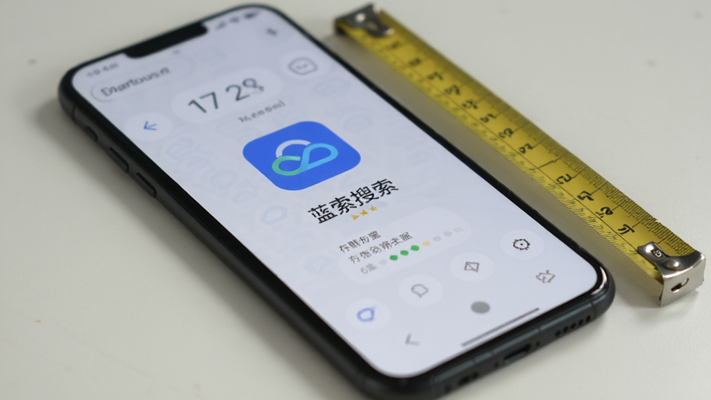 一部手机平放在桌面上,屏幕显示蓝云搜索的启动图标与存储占用信息,旁边放置一把卷尺作为比例参照,画面风格写实,光线柔和,突出软件轻量的特点,画质干净,背景简洁