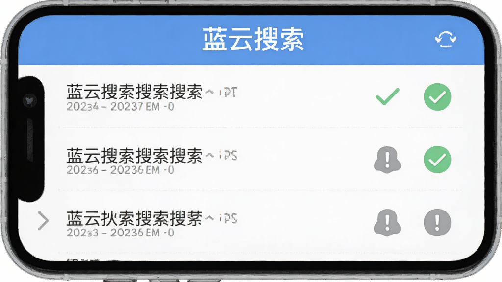 一张手机界面截图风格示意图,展示蓝云搜索的结果列表,每条结果右侧带有绿色对勾或灰色感叹号的状态图标,列表上方有蓝云搜索的文字标识,整体排版整齐,配色柔和,画质清晰无杂乱元素