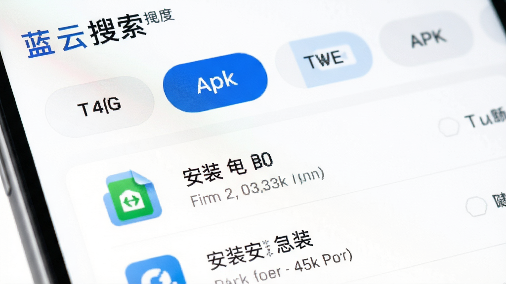 蓝云搜索应用内的筛选面板特写,屏幕上显示多个文件类型标签按钮,其中apk标签处于选中高亮状态,下方结果列表仅展示安装包条目,界面风格清爽,按钮带有圆角,背景为纯白,画质干净,细节锐利