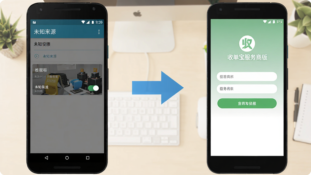 收单宝服务商版手机应用安装与权限设置示意图,画面左侧为安卓手机设置界面中的未知来源权限开关,右侧为收单宝服务商版登录页面,中间有箭头连接,背景为浅色办公桌面,风格扁平化教学图示,布局清晰,细节准确,画质高清,画面干净