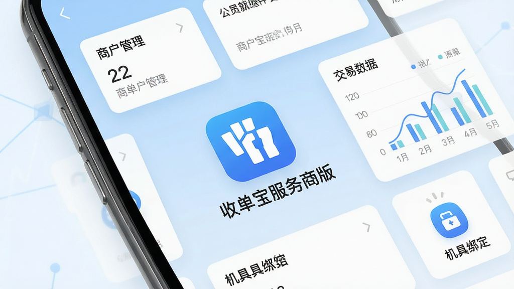 一张手机屏幕展示收单宝服务商版应用主界面,画面中央是应用图标与名称“收单宝服务商版”,背景为淡蓝色渐变商务风格,周围环绕商户管理卡片、交易数据图表、机具绑定图标等元素,布局简洁清晰,风格现代扁平化,细节精致,画质高清,画面干净无多余装饰