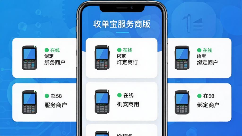 收单宝服务商版机具管理界面,手机屏幕上排列着多台收款终端设备图标,每台设备旁标注在线状态与绑定商户名称,画面中有“收单宝服务商版”标题文字,背景为简洁的科技蓝渐变,风格现代扁平,细节丰富,画质清晰,画面干净无杂乱元素