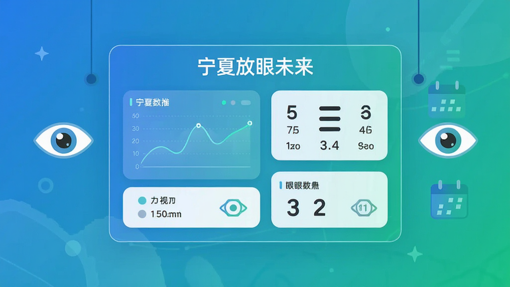 主体为一块悬浮的数字化视力档案面板,面板上标注“宁夏放眼未来”字样,包含折线图与左右眼视力数据卡片;布局为面板居中,左右两侧分别放置眼睛图标与日历图标;排版为卡片式分区,信息层级清晰;风格为科技感扁平插画;细节包括蓝绿渐变背景、细线条图表、圆角数据块;画质高清,画面干净,无多余元素
