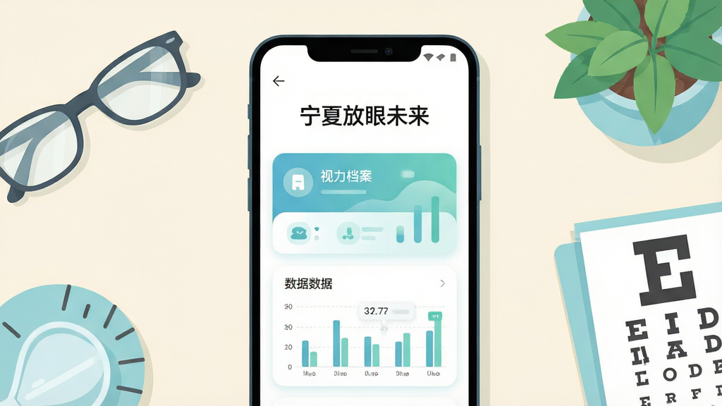 主体为一部竖屏安卓手机,屏幕中显示“宁夏放眼未来”应用首页界面,包含视力档案卡片与数据图表;布局为手机居中放置于浅色桌面,周围点缀眼镜、绿色植物与视力表元素;排版采用上下结构,上方留白放置标题区域;风格为清新明亮的扁平化插画风;细节包括柔和的蓝绿色调、圆角卡片、清晰的数据条与图标;画质高清,画面干净,无多余元素