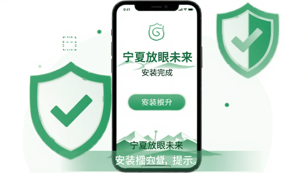 主体为一部手机屏幕显示“宁夏放眼未来”安装完成界面,旁边放置盾牌图标与勾选标记;布局为手机居中,盾牌位于右上角,底部为提示文字条;排版简洁纵向;风格为清爽的扁平化安全主题插画;细节包括绿色主色调、圆角按钮、细线图标;画质高清,画面干净,无多余元素