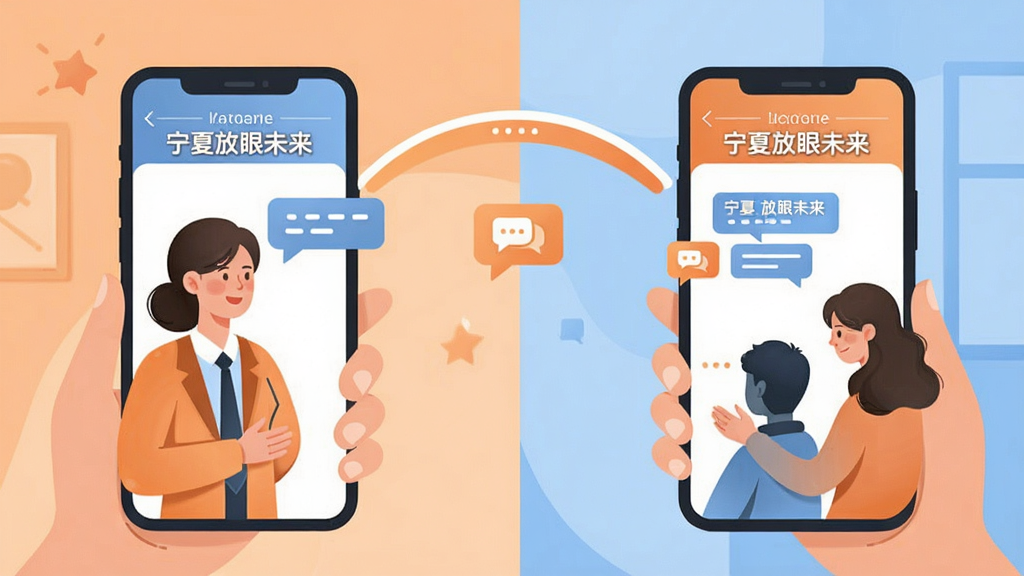 主体为老师与家长通过手机隔空互动的场景,两块手机屏幕之间用弧线连接,屏幕中显示“宁夏放眼未来”通知界面;布局为左右分屏构图,中间为连接弧线与消息图标;排版对称均衡;风格为温暖亲切的扁平插画;细节包括柔和橙色与蓝色搭配、人物剪影、消息气泡;画质高清,画面干净,无多余元素