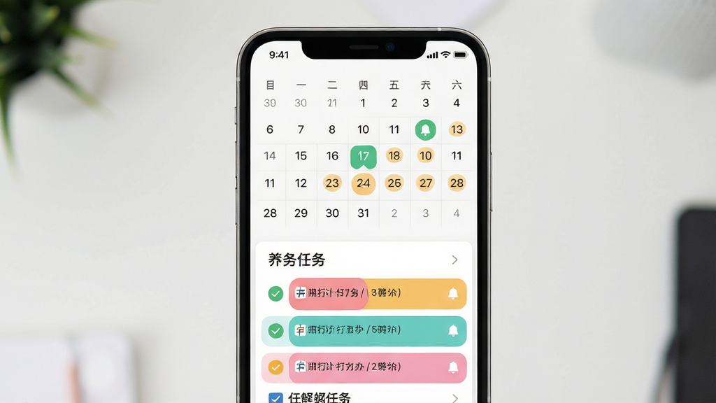 日历待办打卡提醒软件主界面,手机屏幕展示月历视图与彩色待办事项卡片,布局为上方日历下方任务列表,排版清晰整齐,风格为清新简约扁平化设计,细节包含打卡对勾图标、提醒铃铛、日期高亮标记,画质高清,画面干净,无多余元素
