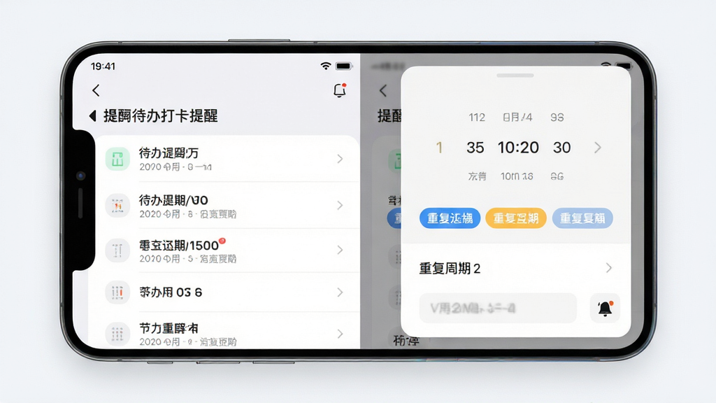 日历待办打卡提醒功能展示图,画面主体为手机界面中的提醒设置面板与重复周期选项,布局为左侧待办列表右侧设置弹窗,排版对称平衡,风格为现代科技感浅色UI,细节包含时间选择器、重复标签、通知铃铛图标,画质清晰,画面干净,无多余元素