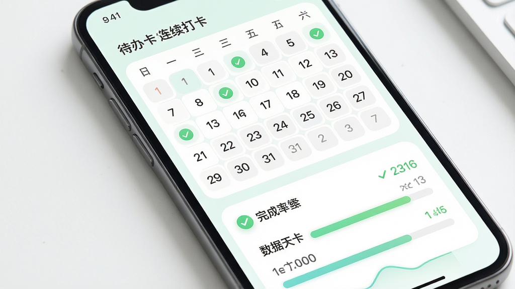 日历待办打卡提醒打卡记录界面,画面主体为手机屏幕展示连续打卡日历与完成率统计图表,布局为上方打卡日历网格下方数据统计条,排版规整,风格为柔和圆角清新配色,细节包含绿色对勾、连续天数数字、进度条,画质高清,画面干净,无多余元素