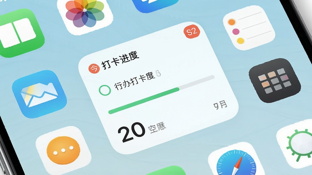 日历待办打卡提醒手机桌面小组件展示图,画面主体为手机桌面上的日历待办小组件,布局为桌面图标环绕小组件排列,排版自然,风格为清爽浅色系手机主题,细节包含今日待办数量角标、打卡进度条、日期数字,画质清晰,画面干净,无多余元素