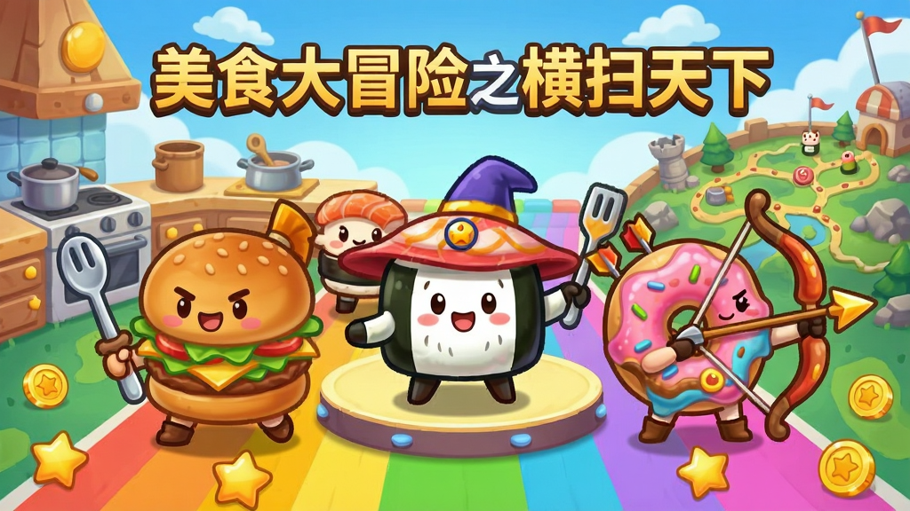 画面主体为一群拟人化的可爱美食角色站在彩虹色的关卡地图中央,有汉堡战士、寿司法师和甜甜圈弓箭手,布局为角色环绕中心舞台呈扇形排列,背景是卡通风格的厨房与冒险地图交织的场景,排版上角色占据画面主体、上方留出天空区域,风格为明亮活泼的Q版卡通游戏宣传画,细节包括角色表情生动、武器为餐具造型、地面有星星和金币点缀,画质高清干净无多余元素,画面中写有“美食大冒险之横扫天下”字样