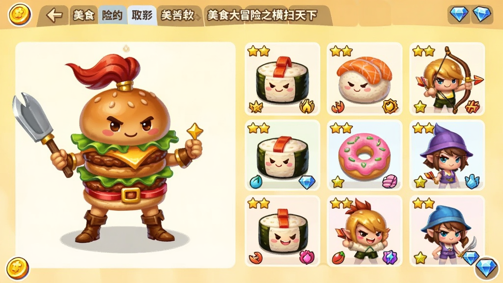 画面主体为多个拟人化美食角色并排展示的收集图鉴界面,布局为左侧大图展示汉堡战士全身造型、右侧网格排列寿司法师、甜甜圈弓箭手等角色头像,排版上角色图鉴占据画面主要区域、顶部有分类标签,风格为清新明亮的游戏UI界面插画,细节包括每个角色带有星级标识和属性图标、背景为淡黄色渐变、角落有金币与钻石图标,画质清晰干净无多余元素,画面中写有“美食大冒险之横扫天下”