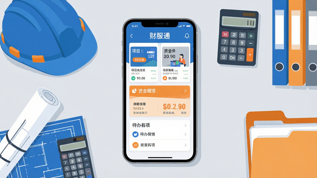 画面中央是一部竖屏智能手机,屏幕上显示“财服通”应用主界面,界面包含项目卡片、资金概览与待办事项模块,手机周围环绕工程安全帽、图纸卷、计算器与文件夹等元素,背景为浅灰色办公桌面,整体采用扁平化商务插画风格,色调以蓝白为主辅以橙色点缀,构图饱满居中,细节清晰,画质干净锐利,无多余杂乱元素