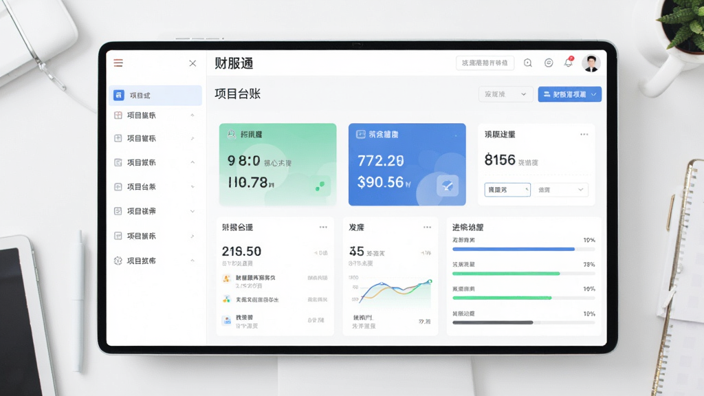 一张横向构图的数字界面示意图,画面左侧为项目列表侧边栏,右侧为“财服通”项目台账详情页,页面中展示多张数据卡片与进度条,背景为简洁的白色工作台,风格为现代扁平化UI展示图,色彩清爽,排版整齐,细节精致,画质高清,无多余装饰元素