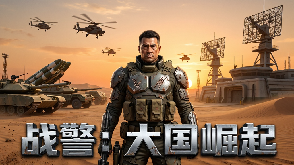 主体为一名身穿未来感战术装甲的指挥官站在沙漠军事基地中央,布局采用中心构图,指挥官位于画面正中偏下,背景左侧为整齐排列的坦克与导弹发射车,右侧为高耸的雷达塔与指挥中心建筑,排版上画面下方留出空间呈现游戏名称“战警:大国崛起”立体金属字,风格为写实军事科幻CG风格,细节包括装甲上的磨损划痕、基地地面的沙尘颗粒、远处天空中的武装直升机剪影与暖橙色夕阳余晖,画质为4K高清、干净、无多余元素