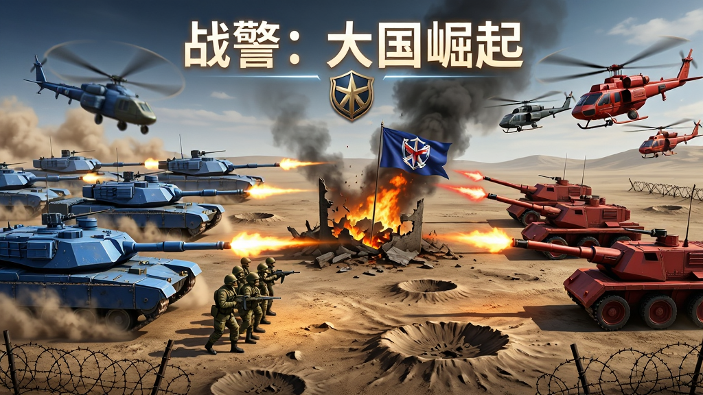 主体为两支装甲部队在荒野地图上对峙的宏大战场,布局采用宽幅横向构图,左侧为蓝色方坦克集群与步兵方阵,右侧为红色方火炮阵地与直升机编队,中央是燃烧的战场废墟与飘扬的联盟旗帜,排版上画面顶部以发光字体呈现“战警:大国崛起”与联盟徽章,风格为史诗战争CG风格,细节包括坦克履带扬起的尘土、炮口火光、直升机旋翼的动态模糊以及地面弹坑与铁丝网,画质为高清、干净、无多余元素