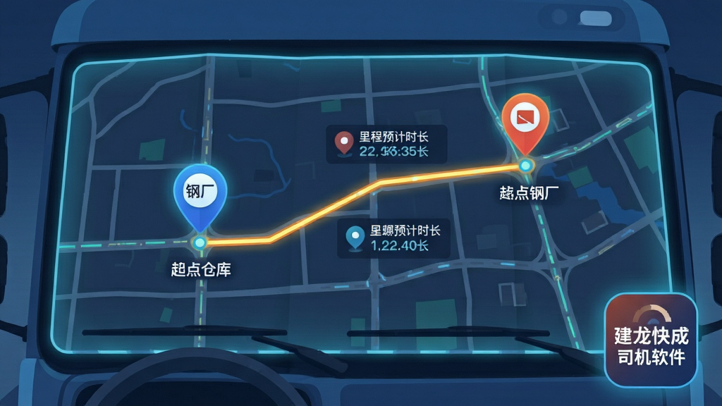 画面主体为一张展开的电子地图投影在卡车挡风玻璃上,地图中标注起点仓库与终点钢厂两个定位图标,中间以高亮路线连接,路线旁显示里程与预计时长信息,布局上地图占据画面主要面积,右下角放置建龙快成司机软件图标,排版为横向宽屏构图,风格为科技感扁平插画结合轻微光晕效果,细节包括道路网格、定位气泡与里程数字,画质清晰干净,画面无多余装饰元素,突出路线规划与导航辅助的功能主题