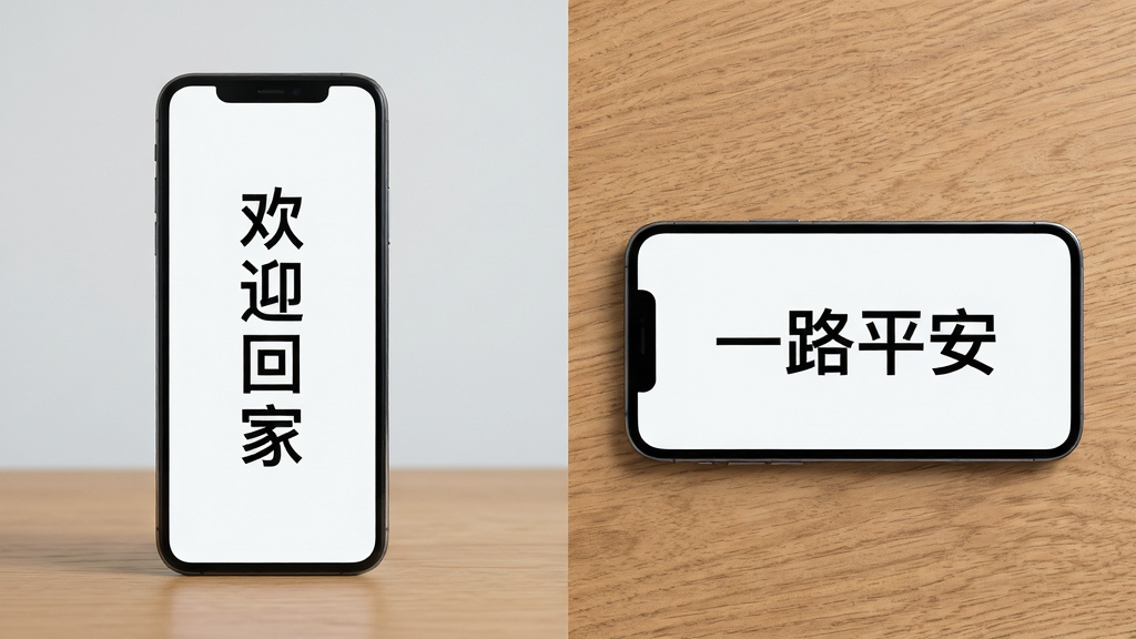 画面主体是一部手机同时展示横屏和竖屏两种弹幕模式,左侧手机竖屏显示“欢迎回家”,右侧手机横屏显示“一路平安”,两部手机并排放在木质桌面上;布局为左右对称构图,中间留出呼吸空间;排版上两部手机屏幕文字方向不同,形成对比;风格为简约产品展示风,背景为浅灰色;细节上手机屏幕亮度均匀,文字清晰,桌面有轻微木纹质感;画质为高清,画面干净,无多余元素。