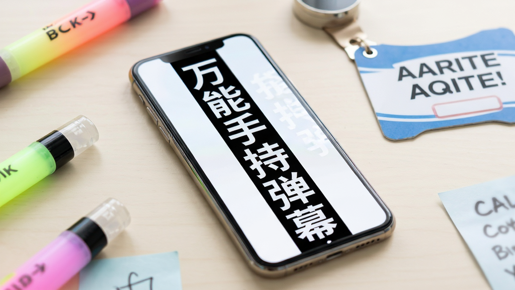 画面主体是一部竖屏智能手机,屏幕显示全屏滚动文字“万能手持弹幕”,手机斜放在浅色桌面中央,四周散落着演唱会荧光棒、接机牌和小纸条等生活化道具;布局采用居中构图,手机占据画面视觉中心,背景留白充足;排版上文字沿手机屏幕横向滚动方向排列,形成动态引导线;风格为清新明亮的写实产品摄影风,光线柔和均匀;细节上手机边框有轻微反光,屏幕文字边缘清晰锐利,背景道具虚化处理;画质为4K高清,画面干净整洁,无多余元素。