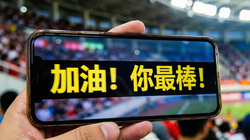 画面主体是一块正在显示“加油!你最棒!”滚动字幕的手机屏幕特写,手机被一只手举在体育场看台前方,背景是模糊的观众席和灯光;布局采用近景特写,手机屏幕占据画面三分之二;排版上文字从左向右滚动,带有轻微运动模糊效果;风格为写实生活摄影风,色彩饱和度高;细节上手机边缘有舞台灯光反射,屏幕文字为亮黄色配黑色背景,对比强烈;画质为高清,画面干净,无多余元素。
