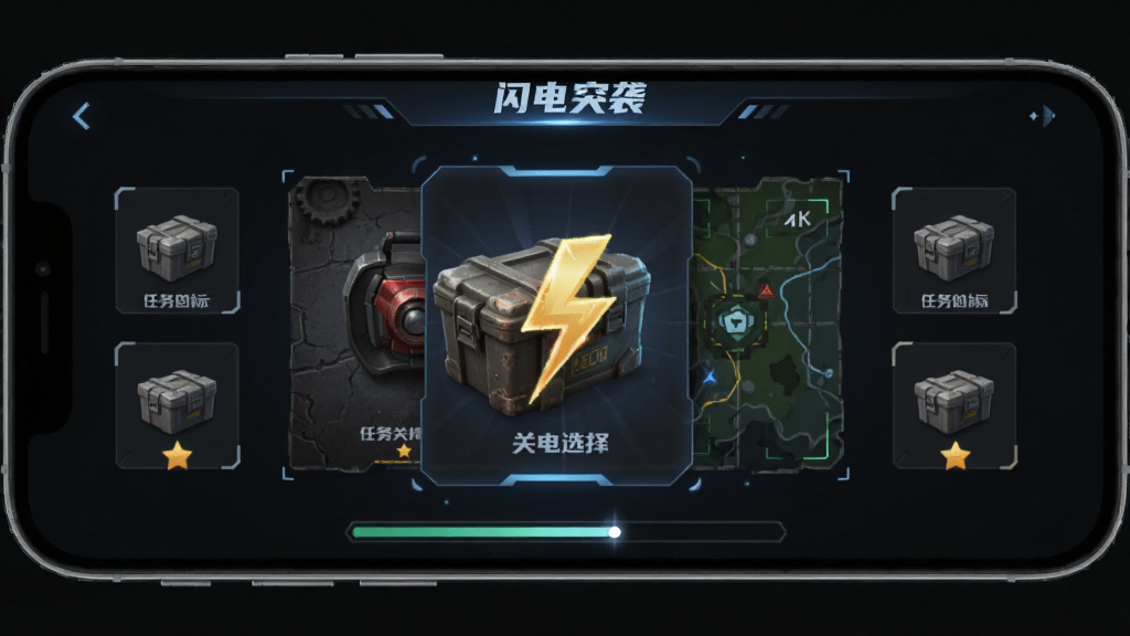 画面主体为手机屏幕中显示“闪电突袭”关卡选择界面,布局为中间大尺寸关卡卡片、两侧分布任务目标图标与星级标识,风格为科技感深色UI,细节包含弹药箱、战术地图纹理与进度光效,画质清晰干净,无多余元素。
