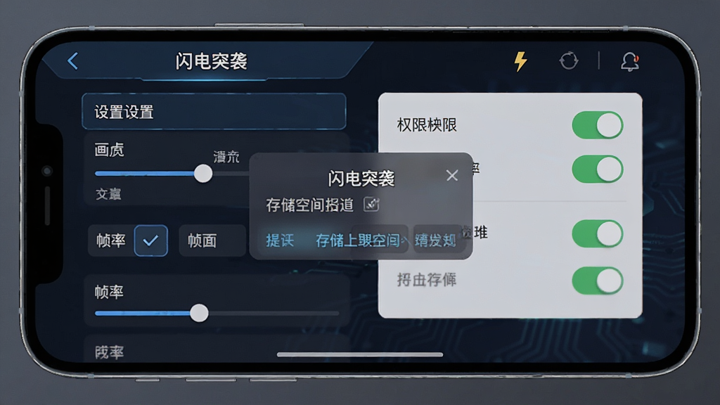 画面主体为手机屏幕显示“闪电突袭”游戏设置界面与权限弹窗,布局为左侧设置选项列表、右侧权限开关示意,风格简洁科技感UI,细节包含画质调节滑块、帧率选项与存储空间提示,画质清晰干净,无多余元素。