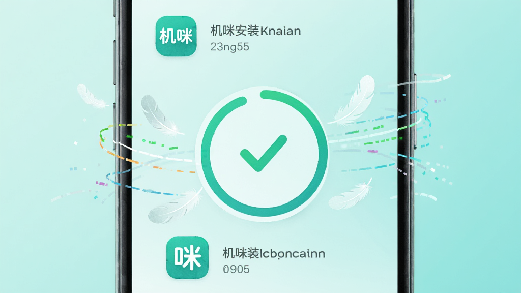 一部手机屏幕显示机咪应用安装完成界面,屏幕中央为圆形进度条已满与对勾图标,周围环绕轻量化的羽毛与数据流线条,背景为淡青色渐变,布局居中,风格简约清新插画,细节包括应用图标与安装完成文字块,画质高清,画面干净