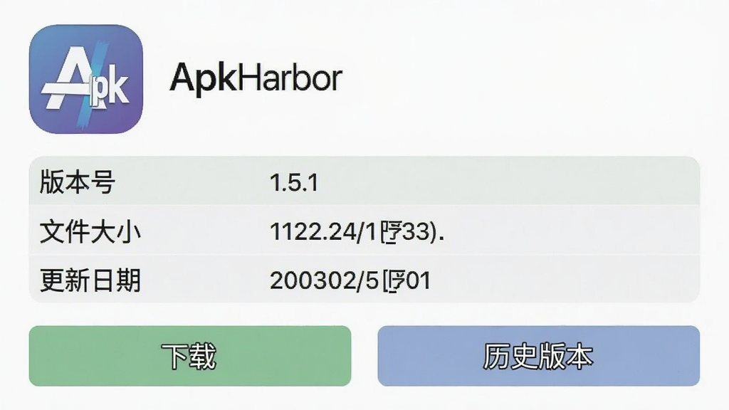 手机应用详情页面截图风格,顶部是应用图标和名称“ApkHarbor”,下方表格列出“版本号 1.5.1”“文件大小”“更新日期”等字段,页面底部有“下载”和“历史版本”两个按钮,整体布局规整,配色柔和,画质清晰,无多余装饰