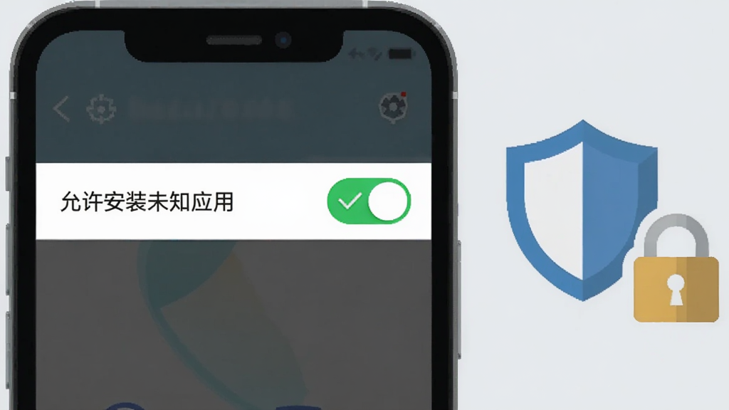 一部手机屏幕显示设置页面,页面中有一项“允许安装未知应用”的开关处于开启状态,开关旁边有绿色对勾标记,手机旁边有一个盾牌图标和锁形图标,背景为浅灰色,风格扁平化信息图,画质清晰,画面干净整洁