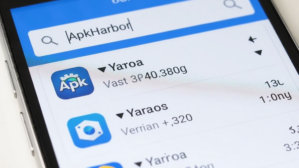 一部手机屏幕特写,界面显示搜索框内输入了“ApkHarbor”,下方弹出多条应用搜索结果列表,每条结果左侧有应用图标,右侧有版本和大小标注,画面风格为扁平化UI设计,配色以蓝白为主,光线明亮,画质清晰,干净无杂物