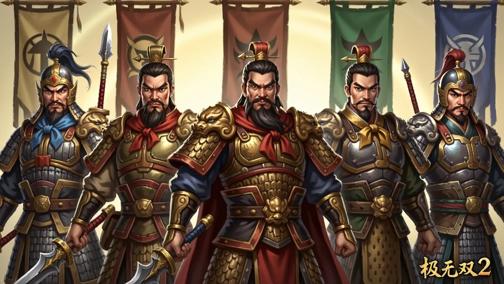 画面主体为五位三国武将并排站立展示,布局为横向排列,每位武将身着不同阵营铠甲,排版上人物等距分布,背景为淡金色光晕与阵营旗帜,风格为卡牌立绘风格,细节刻画面部特征与武器造型,画质精致,画面干净,无多余元素,图片中打文字“极无双2”