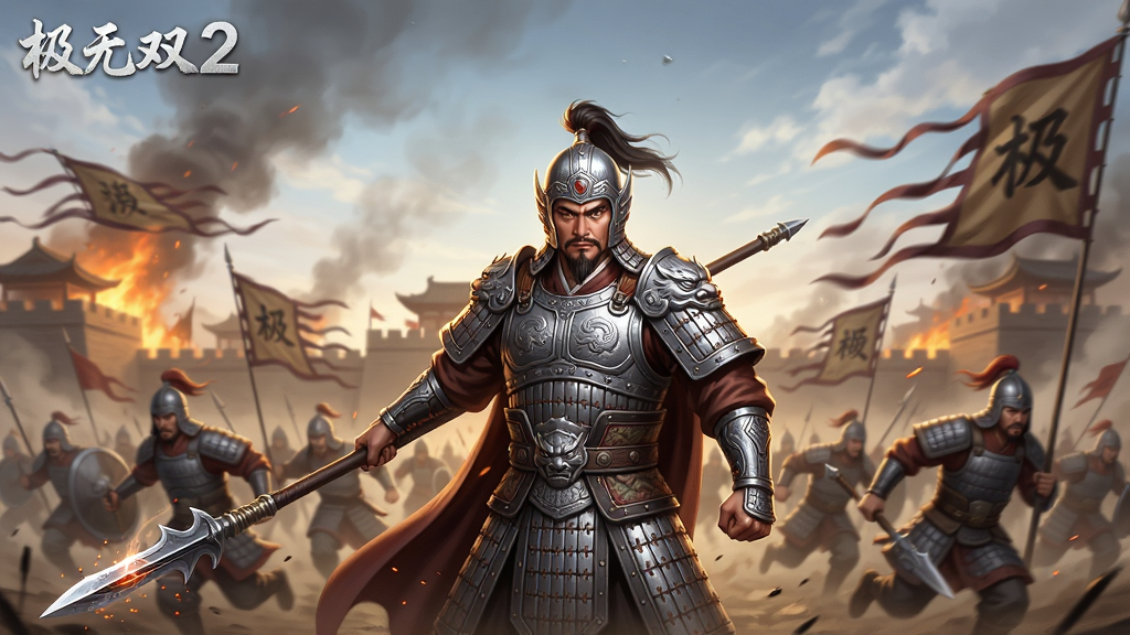 画面主体为一名身披银甲的三国武将手持长枪立于战场中央,背景是燃烧的城池与飘扬的军旗,布局采用中心对称构图,武将占据画面视觉焦点,四周环绕冲锋的士兵与飞扬尘土,排版上武将位于正中央,上方留出天空区域,风格为写实东方奇幻CG插画,细节刻画铠甲纹路、枪尖寒光与火焰粒子效果,画质高清,画面干净,无多余元素,图片中打文字“极无双2”