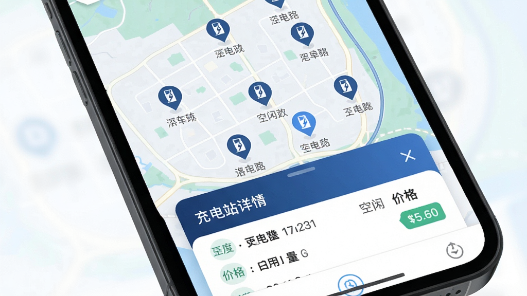 深蓝汽车充电服务地图界面,画面为手机屏幕显示地图页面,地图上标注多个充电站图标,底部弹出充电站详情卡片,布局为上下结构,风格为清新浅色地图风格,细节包括充电站名称、空闲数量、价格标签,画质清晰干净,无多余元素