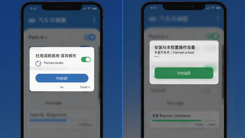 深蓝汽车应用安装与权限设置操作示意图,画面为手机屏幕显示权限授权弹窗和安装进度条,布局为居中展示,风格为扁平化教程图示风格,细节包括权限开关、安装按钮、提示文字框,画质清晰干净,无多余元素