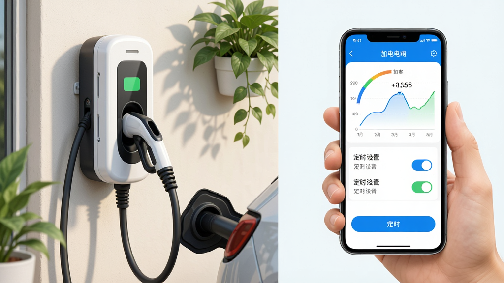 一张展示家用充电桩与手机远程控制界面的组合场景图,画面左侧为安装在住宅墙面的白色充电桩正在为车辆充电,右侧为一只手持手机展示加电应用的远程控制页面,页面上有充电功率曲线与定时设置开关,布局为左右分栏对比,风格为生活化产品摄影感插画,细节包括充电线缆、墙面绿植、手机屏幕上的蓝色按钮与数据图表,画质细腻真实,画面干净整洁