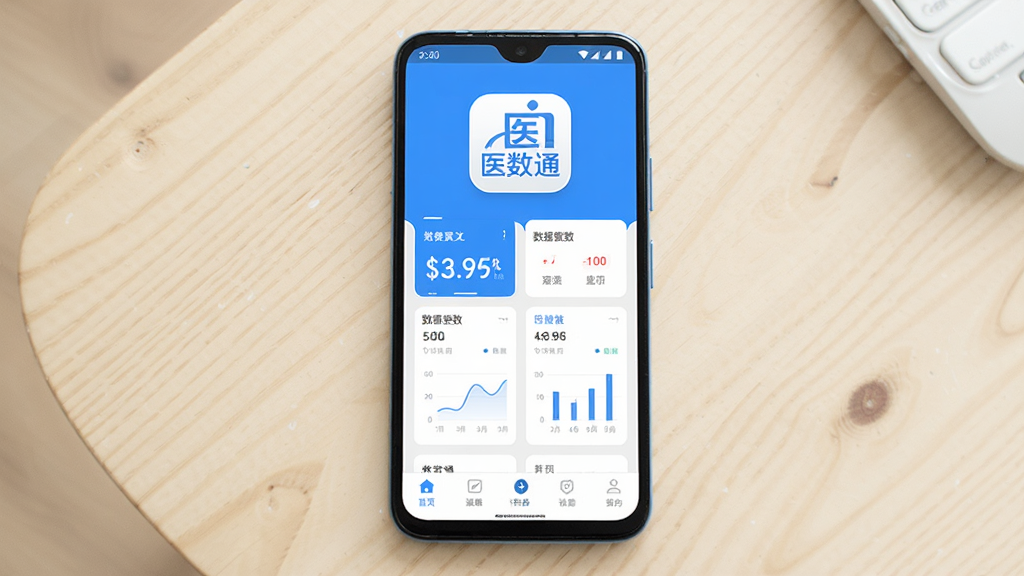 主体为一部安卓手机屏幕显示医数通应用主界面,布局为手机居中放置于浅色桌面,排版上方留白突出应用图标与名称“医数通”,风格为清爽扁平化科技蓝配色,细节包含数据卡片、图表模块与底部导航栏,画质高清干净无多余元素