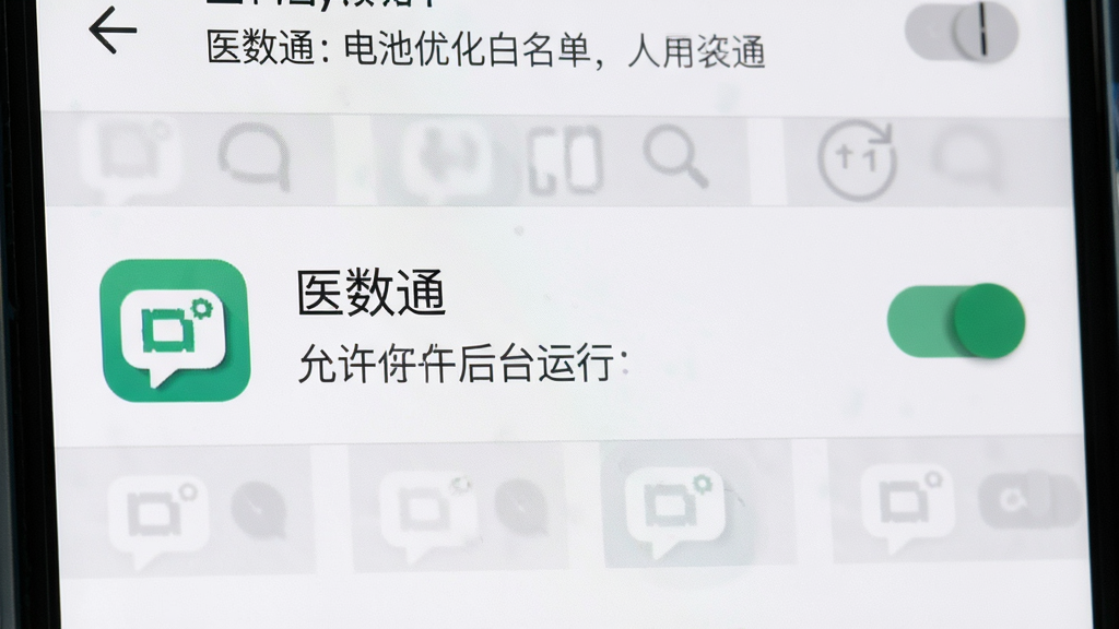 主体为安卓手机设置界面中电池优化白名单选项,布局为手机屏幕特写居中,排版突出“医数通”应用名称与允许后台运行开关,风格为系统设置真实感浅色界面,细节包含开关按钮与说明文字,画质清晰干净无多余元素