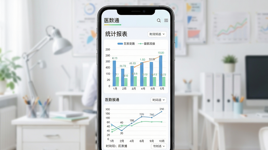 主体为医数通统计报表页面,布局为手机竖屏展示柱状图与折线图组合,排版上方为“医数通”报表标题下方为图表区域,风格为清新浅色数据可视化,细节包含图例、数值标签与时间筛选按钮,画质高清干净无杂乱元素