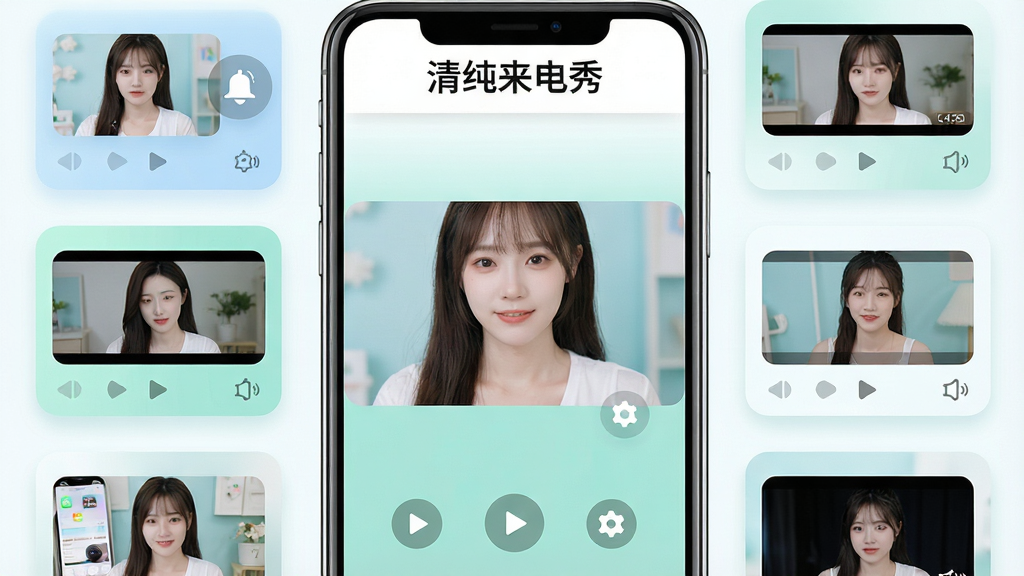 主体为一款智能手机屏幕展示来电界面,画面中央呈现清纯风格的动态视频背景,周围环绕着多个视频素材缩略图与铃声图标;布局采用中心聚焦式,手机位于画面正中,四周以半透明卡片形式展示不同主题分类;排版简洁明快,顶部留白放置软件名称文字“清纯来电秀”;风格为清新现代科技感,色彩以浅蓝、薄荷绿与白色为主;细节包括手机边缘的光泽质感、缩略图的圆角设计、界面上的播放按钮与设置齿轮图标;画质为高清4K,画面干净,无多余元素