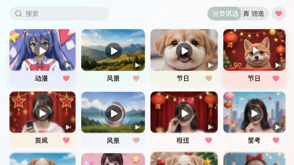 主体为一面虚拟的视频素材墙,展示多个不同风格的来电秀视频缩略图,包括动漫角色、风景、萌宠、节日主题等;布局采用网格瀑布流排列,每个缩略图下方配有分类标签文字如“动漫”“风景”“节日”;排版疏密有致,顶部有搜索框与分类筛选按钮;风格为明亮清新的UI界面风格,色彩丰富但柔和;细节包括缩略图的动态模糊效果、播放图标、收藏心形按钮;画质为高清,画面干净,无多余元素