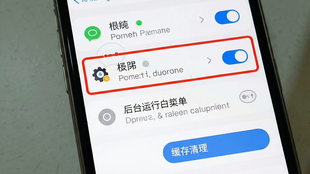 主体为一部手机屏幕展示清纯来电秀的权限设置引导页面,画面中包含悬浮窗权限开关、后台运行白名单选项、缓存清理按钮等界面元素;布局为纵向列表式,每个设置项配有图标与说明文字;排版清晰,重点权限项用红色高亮边框标注;风格为扁平化手机系统设置界面风格,色彩以白色背景、蓝色开关与灰色文字为主;细节包括权限状态指示灯、箭头指引、提示气泡;画质为高清,画面干净,无多余元素