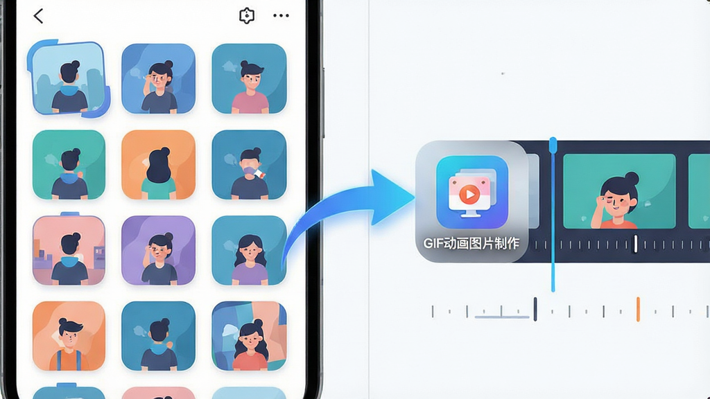 一张手机应用操作示意图,画面左侧是相册缩略图网格,右侧是视频时间轴截取条,中间有一个箭头指向“GIF动画图片制作”的图标,布局为左右分栏,风格为科技感扁平插画,细节包括缩略图圆角、时间轴刻度线、箭头流动效果,画质高清,背景干净,无多余装饰元素