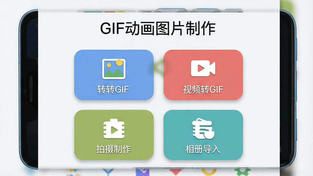一张展示安卓手机屏幕的界面图,屏幕中央是“GIF动画图片制作”软件的主界面,界面上方有“GIF动画图片制作”字样,下方排列着照片转GIF、视频转GIF、拍摄制作、相册导入四个功能卡片图标,整体布局为上下结构,风格为清爽扁平化设计,细节包括圆角卡片、柔和阴影、浅色背景,画质清晰,干净整洁,无多余元素
